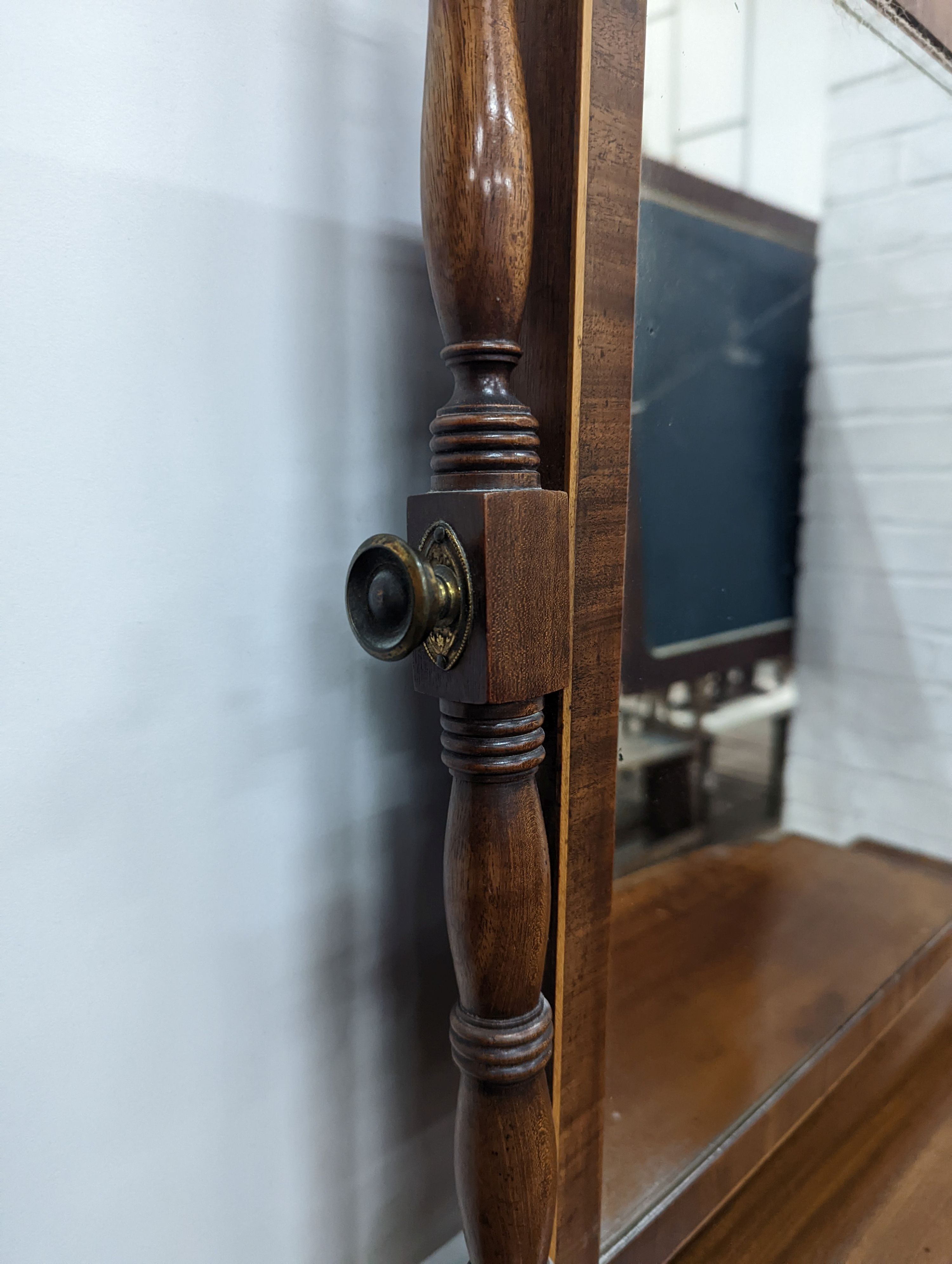 A Regency banded mahogany toilet mirror, width 62cm, depth 28cm, height 65cm